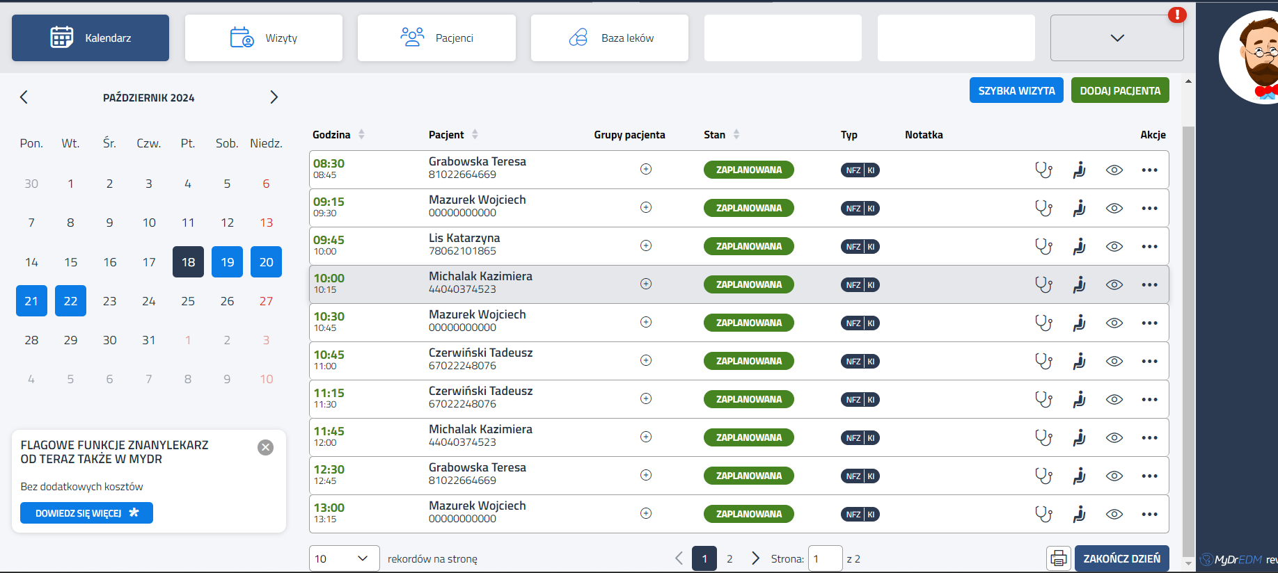 Ty dodajesz wizyty pacjentów do kalendarza, który jest włączony na profilu w portalu pacjenckim MyDr, dzięki czemu pacjenci widzą aktualne terminy i mogą z nich skorzystać.