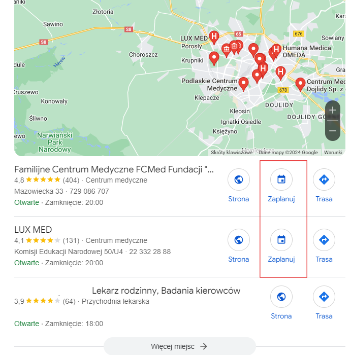 Rejestracja online z poziomu wyników wyszukiwania i mapy - dzięki integracji GBP i profilu ZnanyLekarz