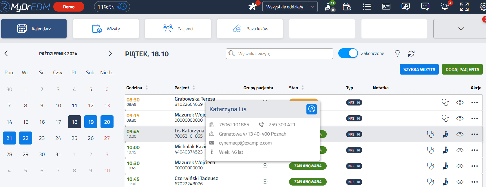 zięki integracji z systemem medycznym MyDr EDM, kalendarz wizyt online może zawierać dodatkowe dane dotyczące pacjentów, takie jak historia wizyt czy wyniki badań.