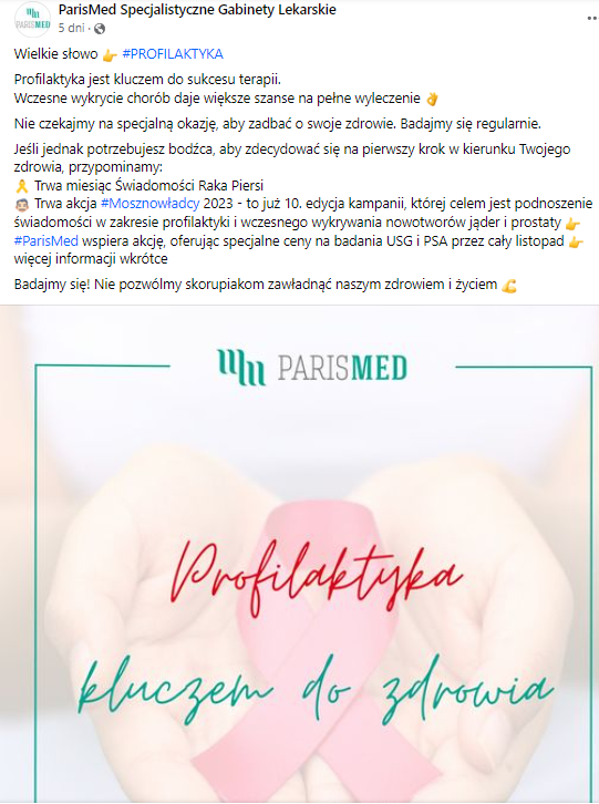 Męski rak w komunikacji gabinetu i placówki- przykładowy post z Facebooka ParisMed Specjalistyczne Gabinety Lekarskie