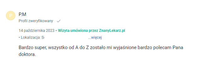 Przykładowa opinia na portalu ZnanyLekarz.pl
